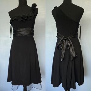 City Triangles Black One-Shoulder Ruffle Midi Dress with Satin Waist Tie L